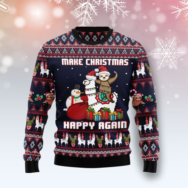 Llama Sloth Make Christmas Happy Again Ugly Christmas Sweater Jezsport.com