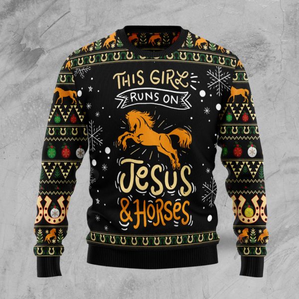 Girls run on jesus and horses Ugly Christmas Sweater Jezsport.com