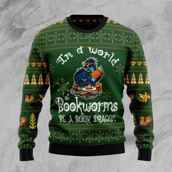 In a world of bookworms be a book dragon Ugly Christmas Sweater Jezsport.com