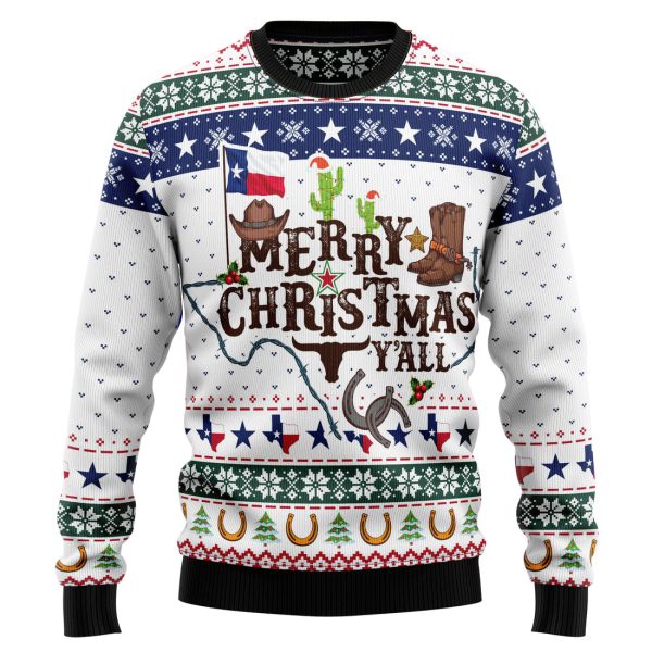 Merry Christmas Y'all Texas Ugly Christmas Sweater Jezsport.com