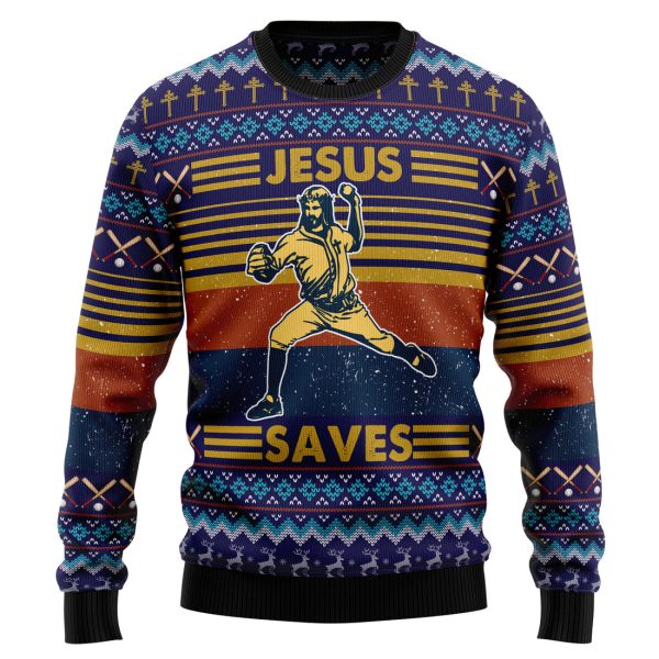 Baseball Jesus Save Ugly Christmas Sweater Jezsport.com