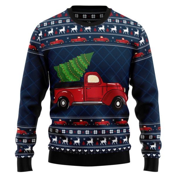 Vintage Red Truck Ugly Christmas Sweater Jezsport.com