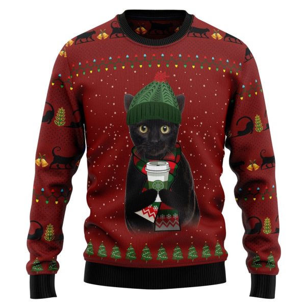 Black Cat Coffee Ugly Christmas Sweater For Men & Women Christmas Gift Sweater Jezsport.com