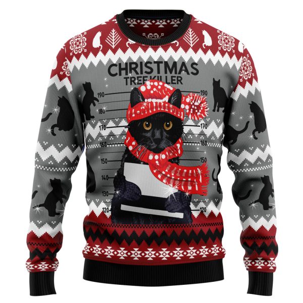 Black Cat Tree Killer Ugly Christmas Sweater Jezsport.com