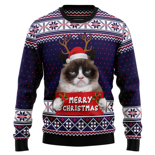 Grumpy Cat Merry Christmas Xmas Santa Hat Ugly Christmas Sweater Jezsport.com