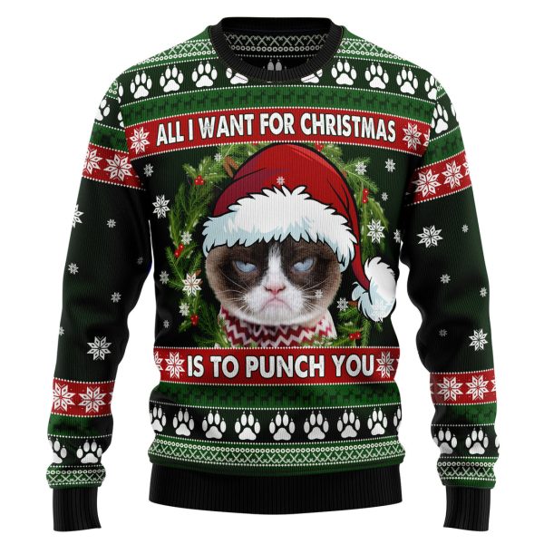 Grumpy Cat Punch You Ugly Christmas Sweater , Christmas Gift Jezsport.com