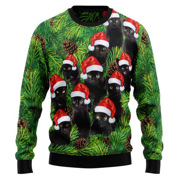 Black Cat Christmas Tree Ugly Christmas Sweater Jezsport.com