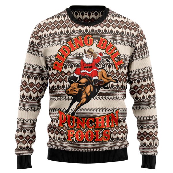 Riding Bulls Punchin Fools Ugly Christmas Sweater Jezsport.com