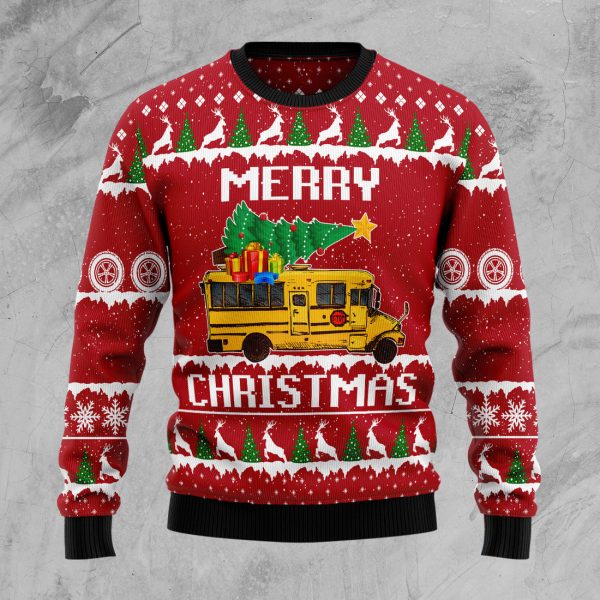 School Bus Merry Christmas Ugly Christmas Sweater Jezsport.com