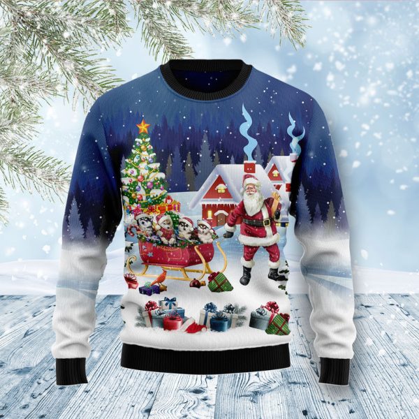 Siberian Husky Santa Sled Ugly Christmas Sweater Jezsport.com