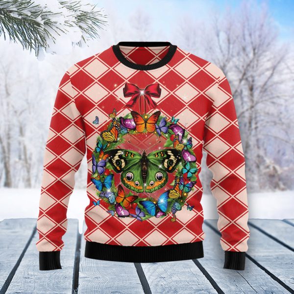 Butterfly Wreath Christmas Ugly Christmas Sweater Jezsport.com