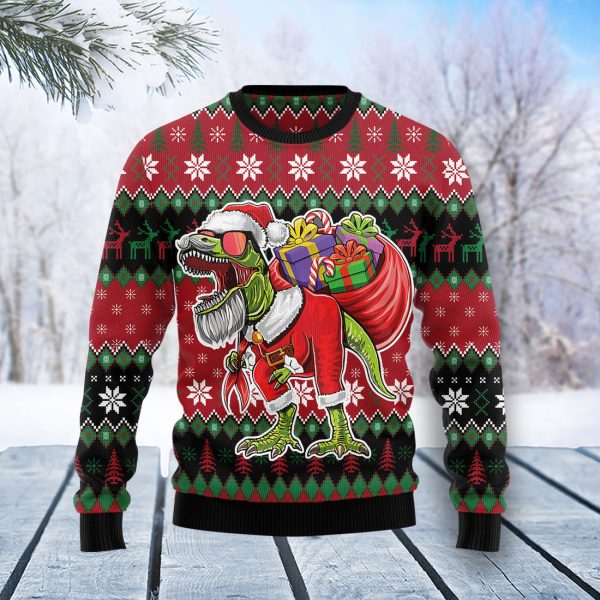 T-Rex Santa Christmas Ugly Christmas Sweater Jezsport.com