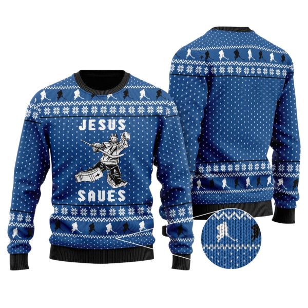 Hockey Jesus Saves Christmas Ugly Christmas Sweater For Men & Women Christmas Gift Sweater Jezsport.com