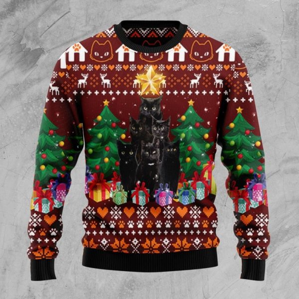 Black Cat Pine Tree Ugly Christmas Sweater For Men & Women Christmas Gift Sweater Jezsport.com