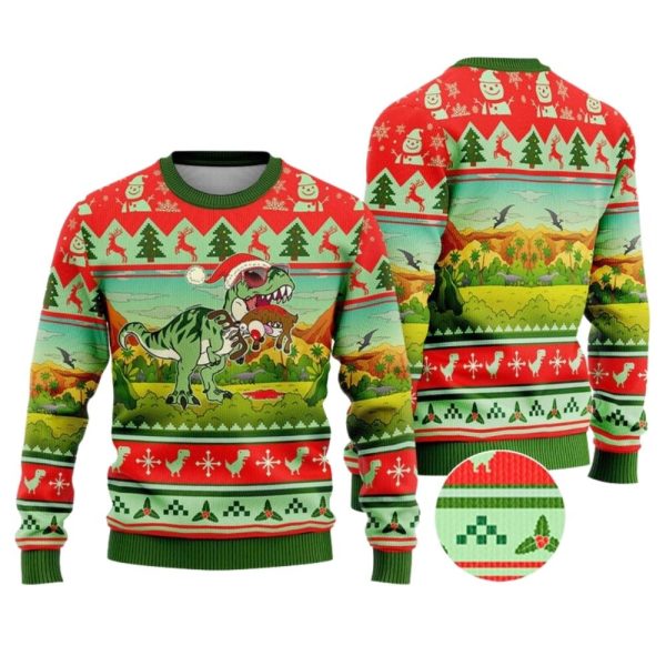 T-Rex Eating Reindeer Jumper Ugly Christmas Sweater For Men & Women Christmas Gift Sweater Jezsport.com