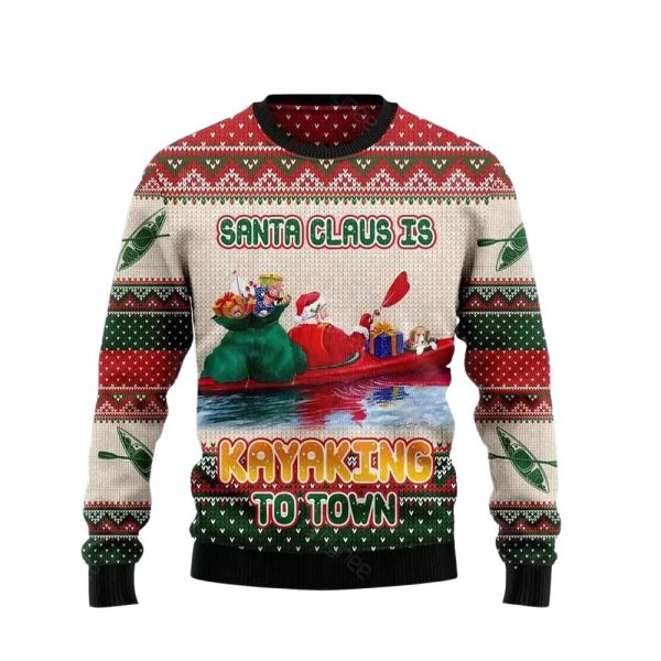 Santa Claus Is Kayaking To Town Ugly Christmas Sweater For Men & Women Christmas Gift Sweater Jezsport.com