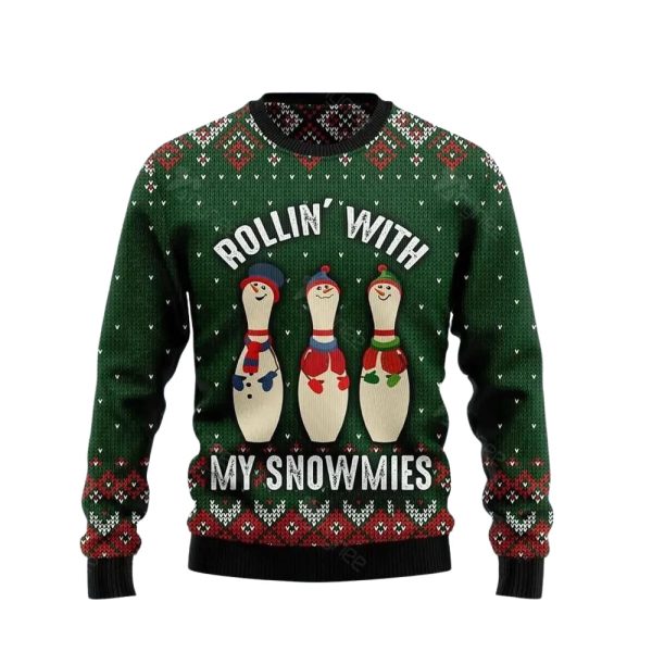 Bowling Rollin With My Snowmies Ugly Christmas Sweater For Men & Women Christmas Gift Sweater Jezsport.com