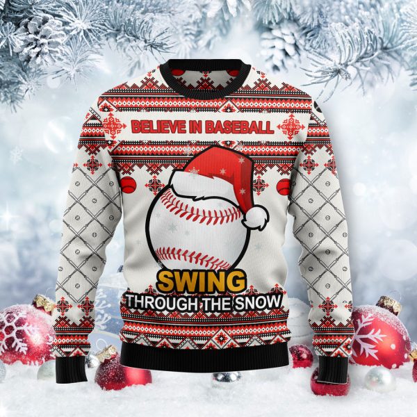 Baseball Swing Through Snow Ugly Christmas Sweater Jezsport.com