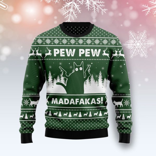 Cat Pew Pew Madafakas Ugly Christmas Sweater Jezsport.com