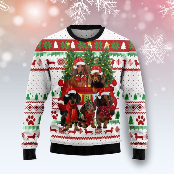 Dachshund Red Truck - Ugly Christmas Sweater Jezsport.com