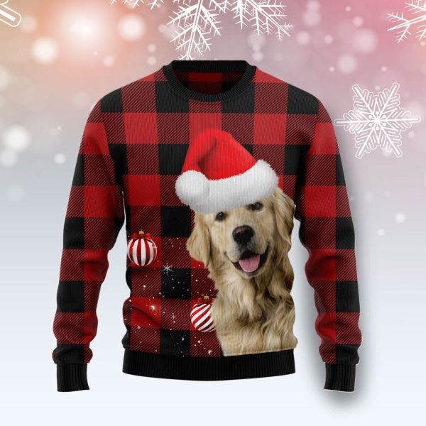 Plaid Pattern Golden Retriever Ugly Christmas Sweater Jezsport.com