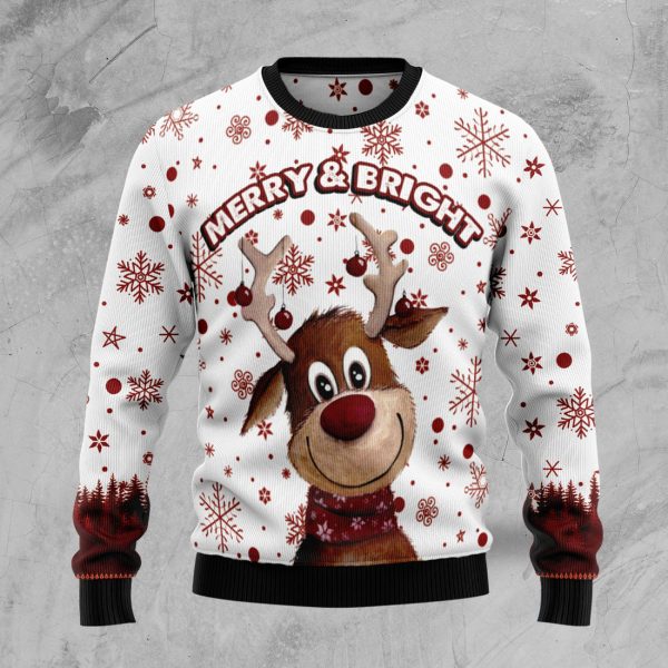 Reindeer Merry & Bright Ugly Christmas Sweater Jezsport.com