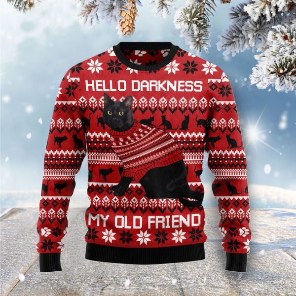 Black Cat Hello Darkness My Old Friend Ugly Christmas Sweater Jezsport.com