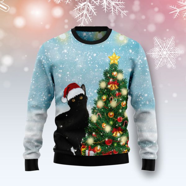 Black Cat Noel Tree Ugly Christmas Sweater Jezsport.com