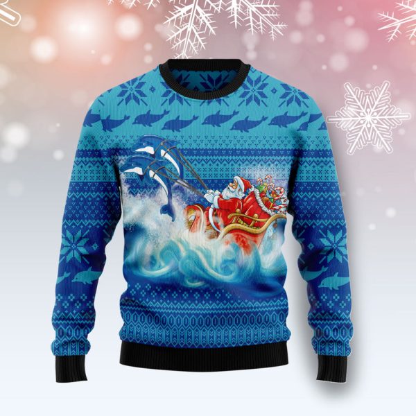 Dolphin Riding The Waves With Santa Ugly Christmas Sweater Jezsport.com