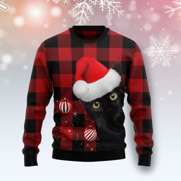 Plaid Pattern Black Cat Ugly Christmas Sweater Jezsport.com