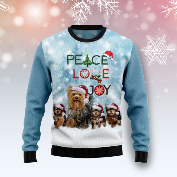 Yorkshire Terrier Peace Love Joy Ugly Sweater Ugly Christmas Sweater Jezsport.com