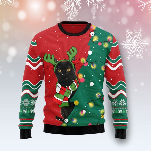 Black Cat Christmas Tree Ugly Christmas Sweater Jezsport.com