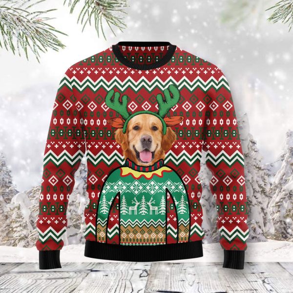 Golden Retriever Reindeer Ugly Christmas Sweater Jezsport.com