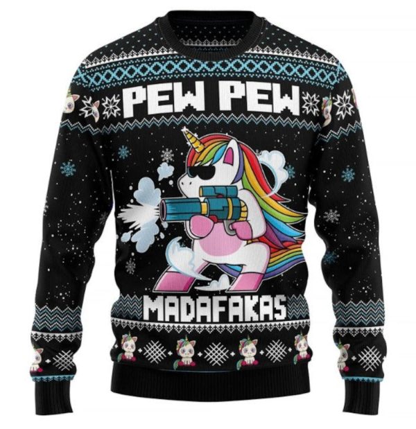 Unicorn Pew Pew Ugly Christmas Sweater For Men & Women Christmas Gift Sweater Jezsport.com