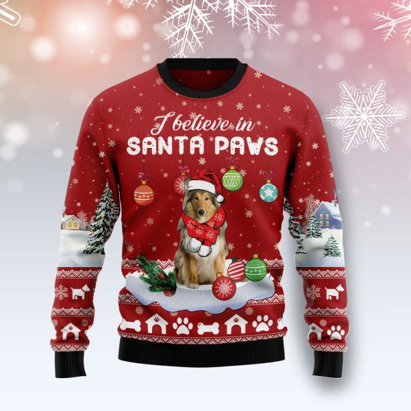 Collie I Believe In Santa Paws Ugly Christmas Sweater Jezsport.com