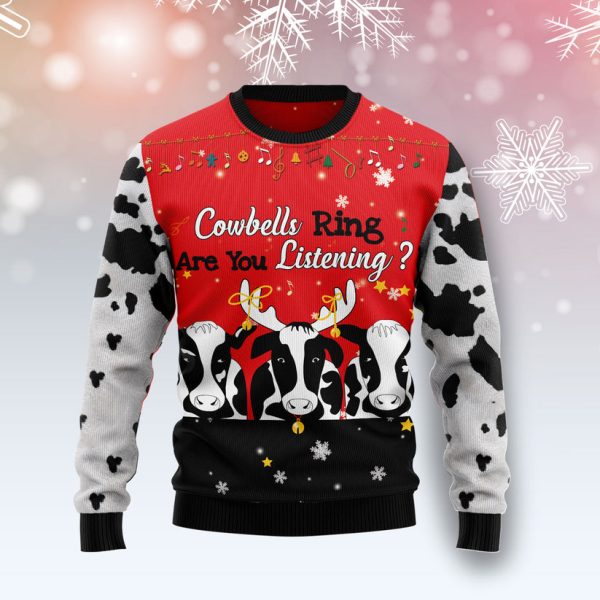 Cow Bell Rings Ugly Christmas Sweater Jezsport.com