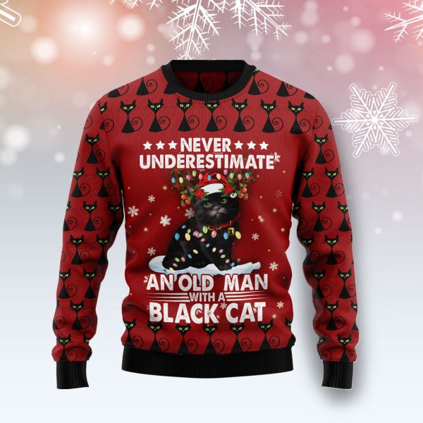 Black Cat Old Man Ugly Christmas Sweater Jezsport.com