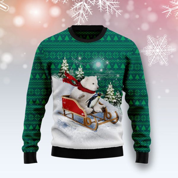 Polar Bear Sleigh Ugly Christmas Sweater, Christmas Gift Jezsport.com