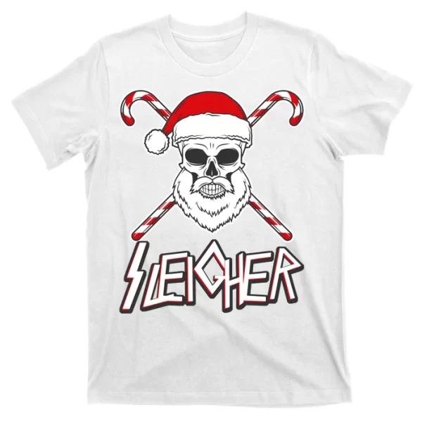 Sleigher Santa Candy Cane Skull T Shirt For Men, Christmas Shirt For Girl Jezsport.com