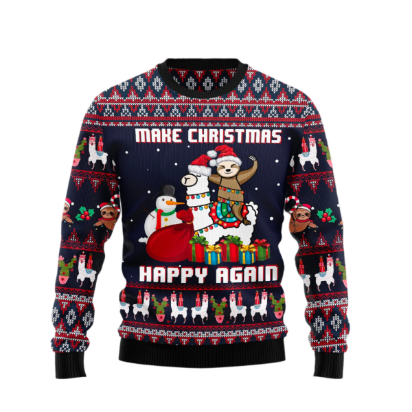 Llama Sloth Make Christmas Happy Again Ugly Sweater For Men & Women Christmas Gift Sweater Jezsport.com