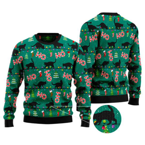 Black Cat Ho Ho Ho Ugly Christmas Sweater For Men & Women Christmas Gift Sweater Jezsport.com