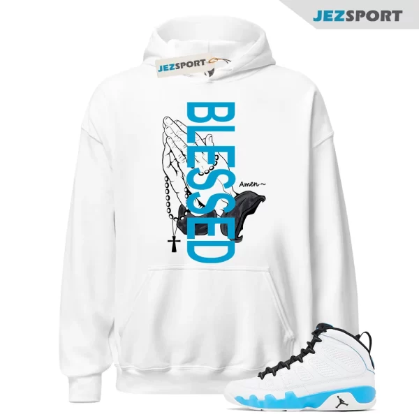 BLESSEDHANDS Hoodie To Match Air Jordan 9 Retro Powder Blue Summit White Black 2024, FQ8992-101 Matching Sneaker Hoodie